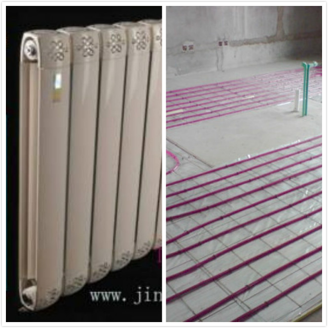 地暖和暖气片的区别,左图为金旗舰暖气片，右图为地暖实地铺设。
